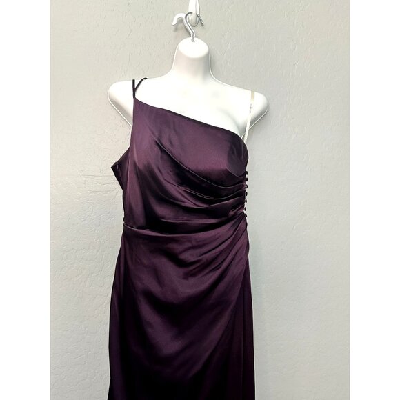 Galina Signature Charmeuse Draped One-Shoulder Plum Bridesmaid Dress Size 12 - Picture 8 of 11